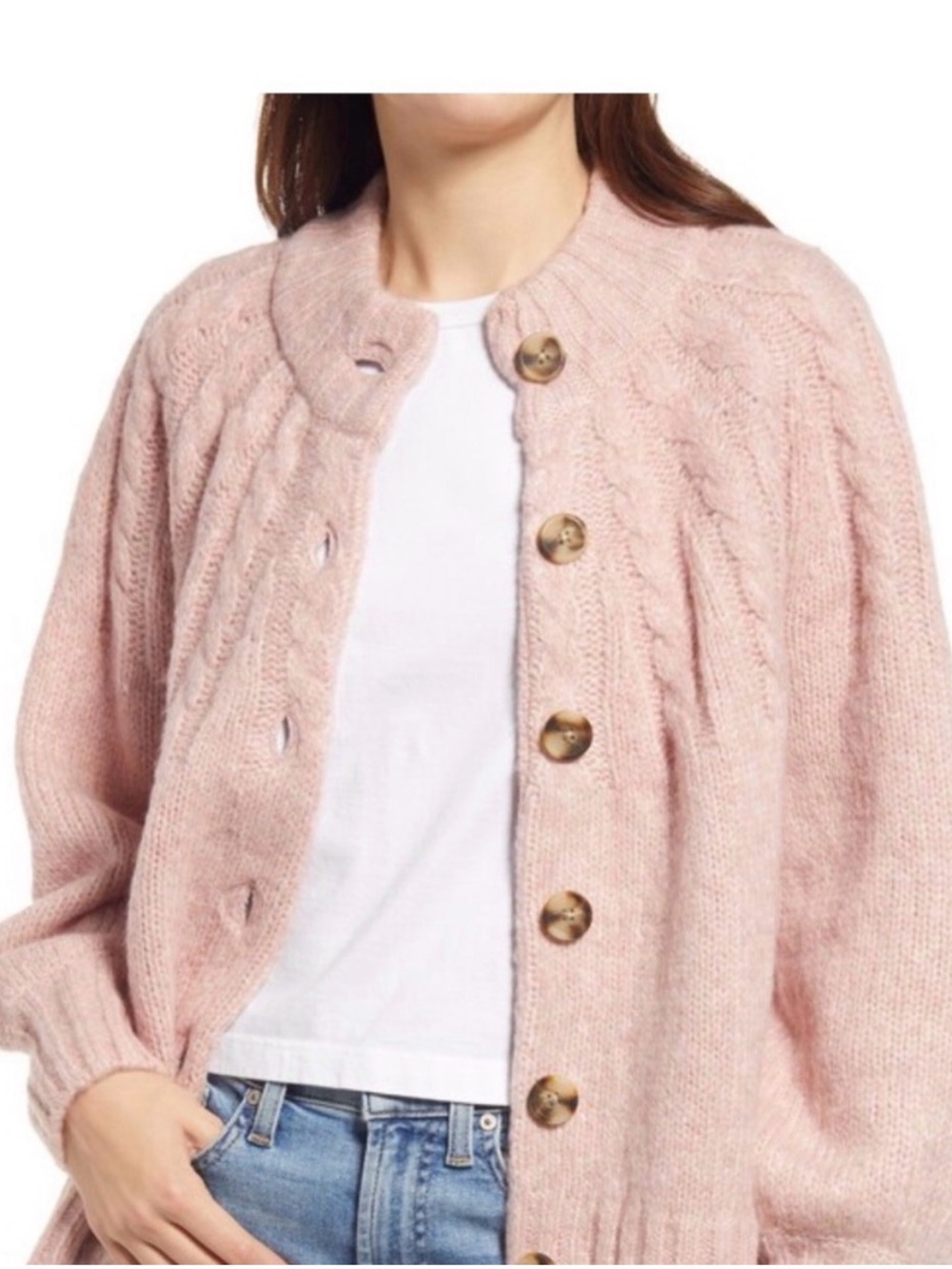 Madewell Oversized Blush Pink Cable-Knit Button Wool Blend Cardigan